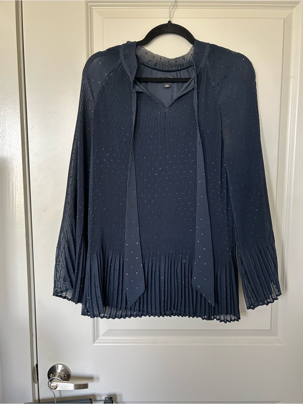 Roz & Ali Navy Pleated Long-Sleeve Blouse with Tie Neck